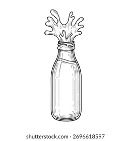 Botella de leche dibujada a mano con chapoteo aislado en el fondo blanco, Ilustración vectorial