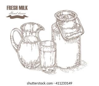 Hand drawn milk can with jug and glass of milk isolated. Vector illustration