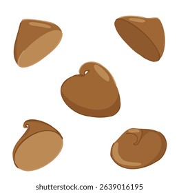 Hand drawn milk chocolate drops set. Vector sweet falling elements with soft glossy look. For packaging, dessert graphics, baking designs, menu decoration, promo visuals