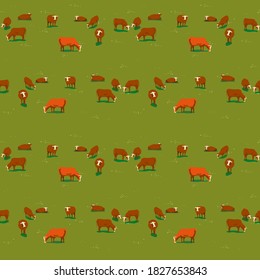 Hand drawn milk cow seamless vector pattern. Domestic dairy animals cartoon illustration design element. Farm cattle mammal grazing green grass web background. Farming herd of brown cows on meadow