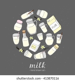 Hand drawn milk different packages in circe shape on chalkboard background. Glass bottle, pitcher, jar, carton pack.