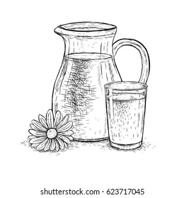Hand drawn milk jug and glass of milk with daisy. Sketches isolated. Black and white graphic design. Vector illustration.