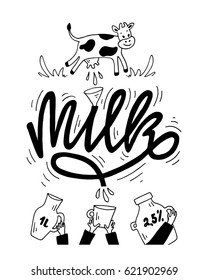 Hand drawn milk label.Vector hand drawn illustration.
