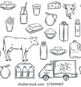 Hand drawn milk product seamless pattern. Vector illustration.