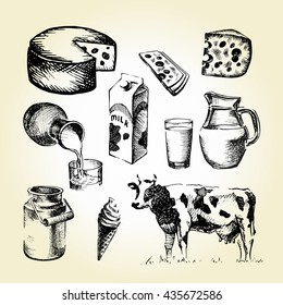 Hand drawn milk set. Vector illustration.