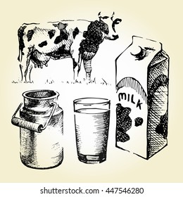 Hand drawn milk set. Vector illustration.