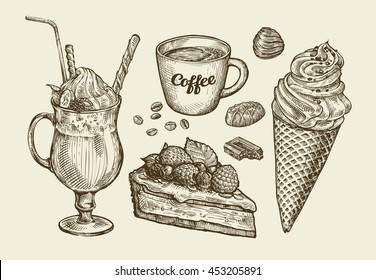 Hand drawn milk shake, ice cream, pie, cup of tea. Vector illustration