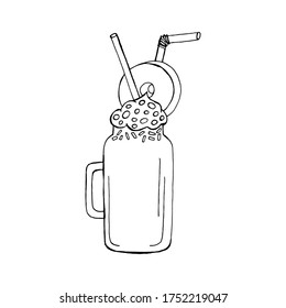 Handgezeichnete Milchschüttelvektorgrafik. Erfrischender Sommercocktail in Glas mit Sahne und Stroh