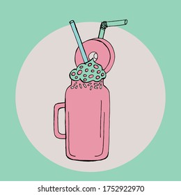 Hand drawn milk shake vector illustration. Refreshing summer cocktail in glass with cream and straw