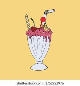 Hand drawn milk shake vector illustration. Refreshing summer cocktail in glass with cream and straw