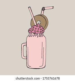 Hand drawn milk shake vector illustration. Refreshing summer cocktail in glass with cream and straw