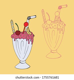 Hand drawn milk shake vector illustration. Collection of refreshing summer cocktails in glasses with cream and straw