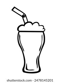 Hand drawn Milkshake in a glass glass with a straw and large foam isolated on a white background. Doodle icon Milkshake black sketch. Decoration element. Vector illustration.