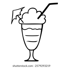 Hand drawn Milkshake in a glass glass with a straw and large foam isolated on a white background. Doodle icon Milkshake black sketch. Decoration element. Vector illustration.