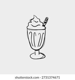 Hand drawn milkshake glass with straw in sketch style. Minimal vector illustration for cafe menu, desserts, drinks and retro food design.