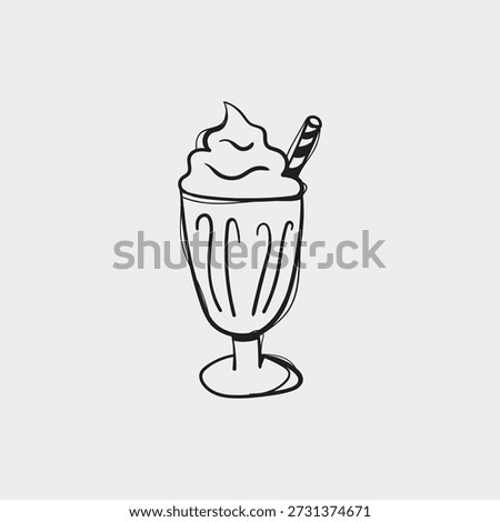 Hand drawn milkshake glass with straw in sketch style. Minimal vector illustration for cafe menu, desserts, drinks and retro food design.