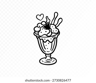 Hand drawn milkshake with hearts doodle illustration, cute romantic dessert outline style for valentines cards, stickers and sweet love designs. Vector illustration.