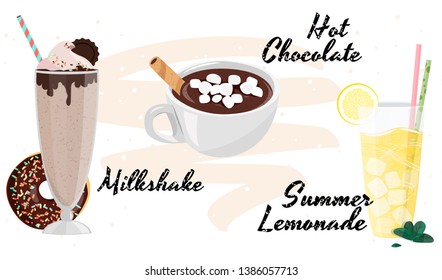 Hand Drawn Milkshake, Hot Chocolate And Lemonade Collection. Realistic Vector Illustration.