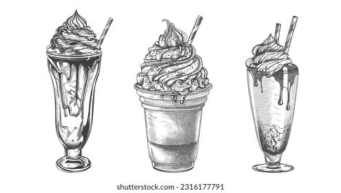 Hand drawn milkshake. Set in vintage engraved style. Dessert drinks isolated on white background. Vector illustration