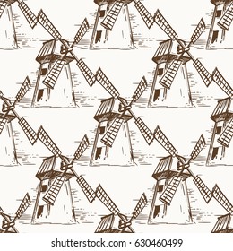 Hand drawn mill seamless pattern. Vector farm or agricultural seamless texture