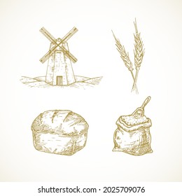 Hand Drawn Miller And Bakery Illustrations Set. Vector Windmill, Flour Sack With A Scoop, Wheat Spicas And Bread Sketches Collection. Doodles Bundle. Isolated.