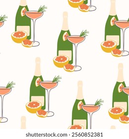 Hand drawn mimosa cocktail and ingredients seamless pattern