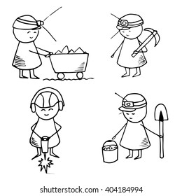 Hand drawn miner characters. Doodle miners set.  Vector Illustration.