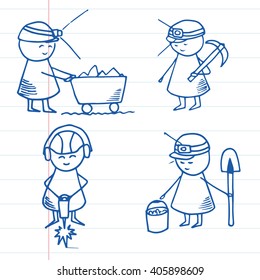Hand drawn miner characters on striped paper. Doodle miners set. Vector Illustration.