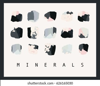 Hand drawn mineral collection. Creative card in black and pastel colors. Greeting card, Birthday, anniversary, Valentin’s day, party invitations, wedding, covers.