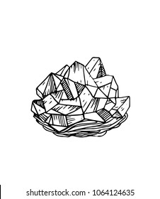 Hand drawn mineral, crystall, gem, gemstone. Isolated on white background. Ink vector illustration.