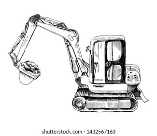 Hand drawn mini excavator isolated on white background. Vector illustration