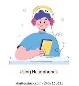 Una mini ilustración dibujada a mano de niño usando auriculares 