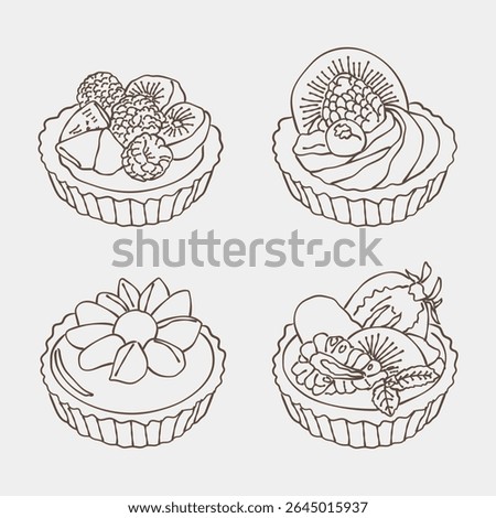 Hand drawn mini pie tart illustration. Vector drawing in black outline. Dessert, cake. For label design, baked goods, products.