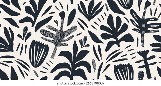 Hand drawn minimal abstract botanical shapes pattern. Collage contemporary print. Fashionable template for design.