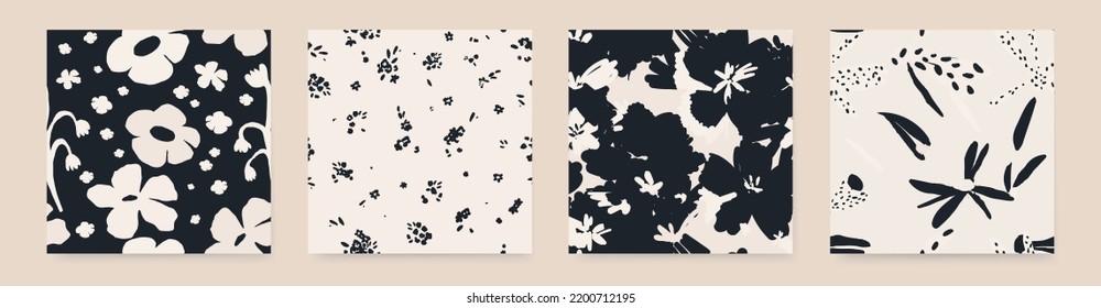 Hand drawn minimal abstract flower pattern set. Collage contemporary print. Fashionable template for design. Black and white palette.