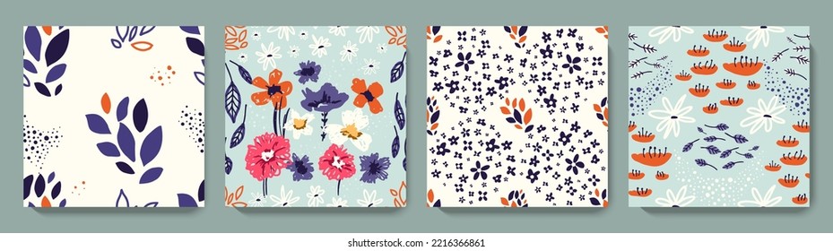 Hand drawn minimal abstract flower pattern set. Collage contemporary print. Trendy templates for fabric, textile, paper design. Orange, white and blue colors