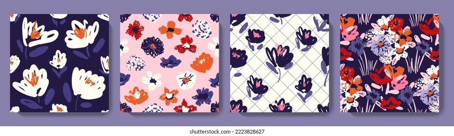 Conjunto de patrones de flores abstractas mínimo dibujado a mano. Collage contemporáneo print. Plantillas de moda para tejidos, textiles, diseño de papel. Color naranja, rosa morado, rojo y blanco