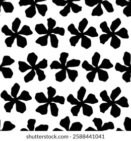 Hand drawn minimal abstract flower background. Seamless pattern with organic shapes in black and white color for fabric, textiles, clothing, wallpaper, cover, banner, home decor. Vector illustration