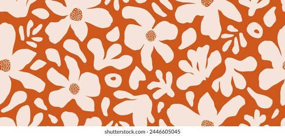 Hand drawn minimal abstract flowers. Seamless patterns with organic shapes for fabric, textiles, clothing, wallpaper, cover, banner, home decor, abstract florals backgrounds.