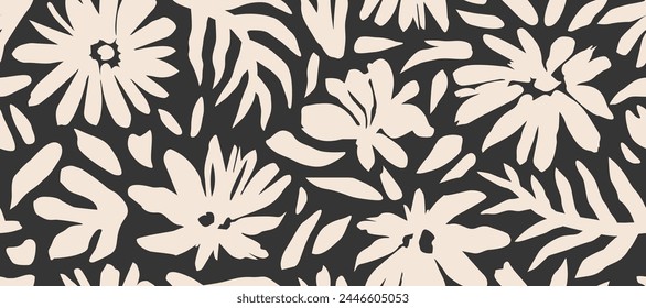 Hand drawn minimal abstract flowers. Seamless patterns with organic shapes for fabric, textiles, clothing, wallpaper, cover, banner, home decor, abstract florals backgrounds.
