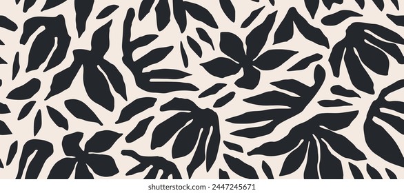 Hand drawn minimal abstract flowers. Seamless patterns with organic shapes black and white color for fabric, textiles, clothing, wallpaper, cover, banner, home decor, florals backgrounds.