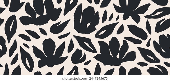 Hand drawn minimal abstract flowers. Seamless patterns with organic shapes black and white color for fabric, textiles, clothing, wallpaper, cover, banner, home decor, florals backgrounds.