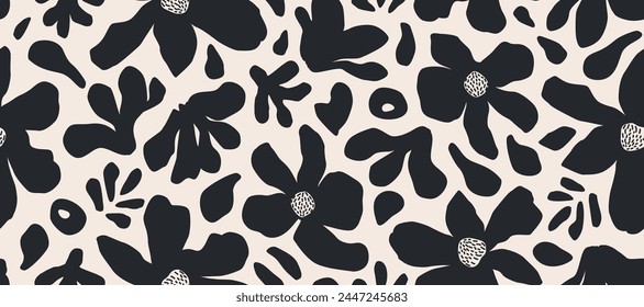 Hand drawn minimal abstract flowers. Seamless patterns with organic shapes black and white color for fabric, textiles, clothing, wallpaper, cover, banner, home decor, florals backgrounds.