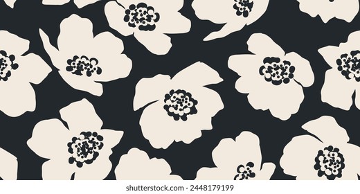 Hand drawn minimal abstract flowers. Seamless patterns with organic shapes black and white color for fabric, textiles, clothing, wallpaper, cover, banner, home decor, florals backgrounds.