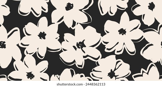 Hand drawn minimal abstract flowers. Seamless patterns with organic shapes black and white color for fabric, textiles, clothing, wallpaper, cover, banner, home decor, florals backgrounds.