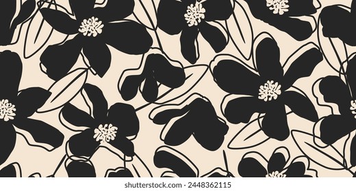 Hand drawn minimal abstract flowers. Seamless patterns with organic shapes black and white color for fabric, textiles, clothing, wallpaper, cover, banner, home decor, florals backgrounds.