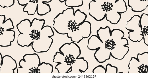 Hand drawn minimal abstract flowers. Seamless patterns with organic shapes black and white color for fabric, textiles, clothing, wallpaper, cover, banner, home decor, florals backgrounds.