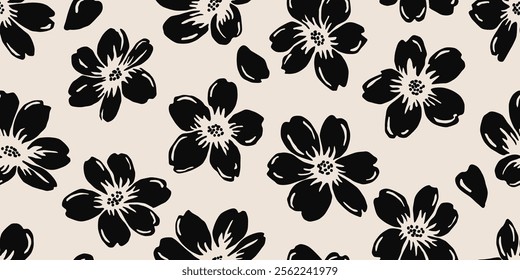 Hand drawn minimal abstract flowers. Seamless patterns with organic shapes black and white color for fabric, textiles, clothing, wallpaper, cover, banner, home decor, florals backgrounds.