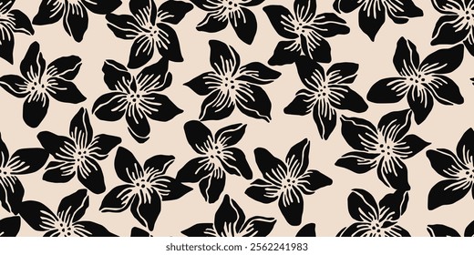 Hand drawn minimal abstract flowers. Seamless patterns with organic shapes black and white color for fabric, textiles, clothing, wallpaper, cover, banner, home decor, florals backgrounds.