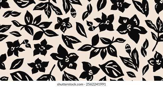 Hand drawn minimal abstract flowers. Seamless patterns with organic shapes black and white color for fabric, textiles, clothing, wallpaper, cover, banner, home decor, florals backgrounds.